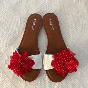 BAMBOO BRAND WHITE WITH FLOPPY RED POLKA DOT “BOW” SANDALS